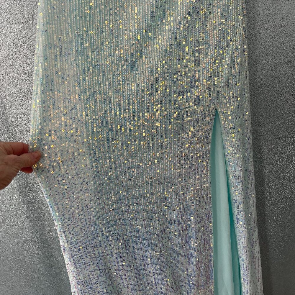 MAC DUGGAL IEENA FOR MAC DUGGAL SEQUINED ONE SHOULDER DRAPED BACK GOWN ICE BLUE - Picture 5 of 15